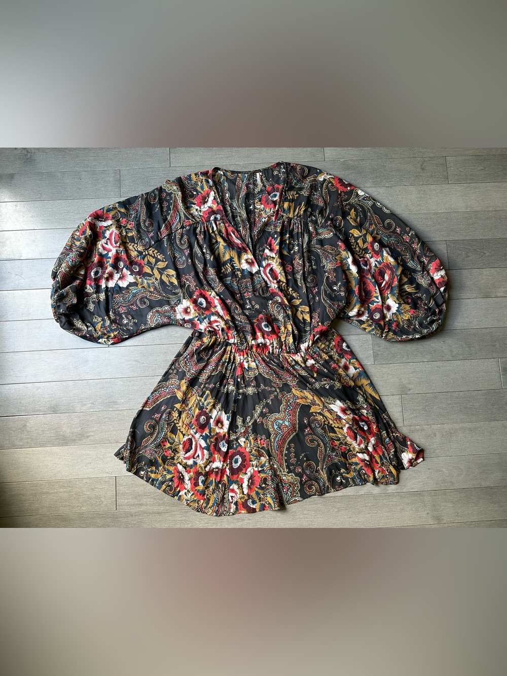 Free People High Plains Boho Ballon Sleeve Mini Dress in Paisley Print Size M